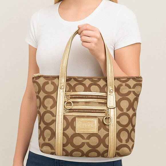 Coach Poppy Gold and Khaki Large Tote with Brilliant Blue Lining - Picture 1 of 15